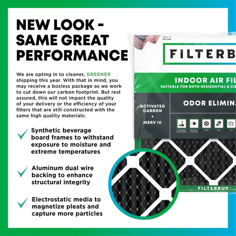 16x25x1 Air Filter MERV 10 Odor And Allergy Defense With Activated Carbon packaging and product features