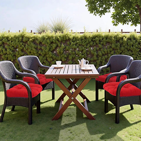 Waterproof Outdoor Chair Cushions Set Of 2 19x19 Inch Tufted Red Cushions on wicker chairs by a patio table