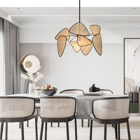 Fan Shaped Pendant Light With Woven Shade Handmade Silver Hanging Ceiling Lamp For Dining Room ambience view