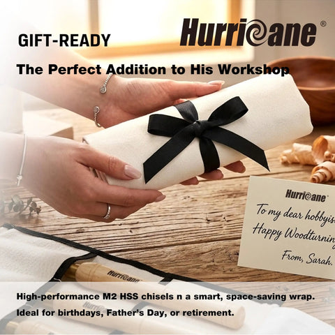 Eight Piece Wood Lathe Chisel Set With M2 HSS Blades And Ten Inch Solid Hardwood Handles wrapped as a gift with a black ribbon.