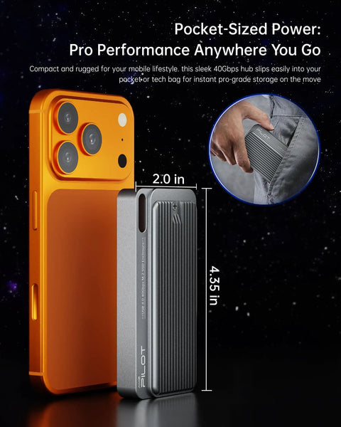 Blazing Fast 40Gbps USB4 NVMe Enclosure With Heavy Duty Triple Cooling Aluminum Shield next to smartphone, showcasing portable design.