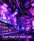 50W Black Light Flood Light illuminating a nightclub with vibrant UV glow, enhancing decor and ambiance for parties and events.