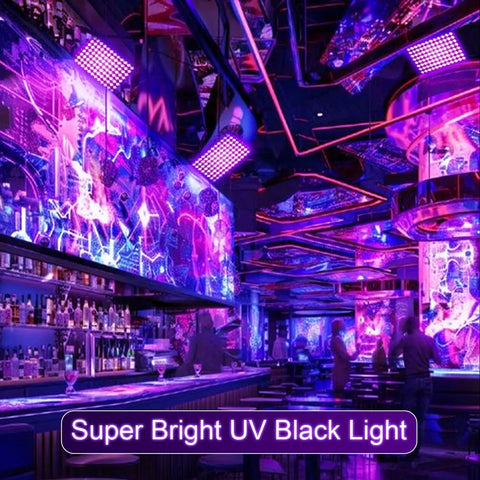 50W Black Light Flood Light illuminating a nightclub with vibrant UV glow, enhancing decor and ambiance for parties and events.