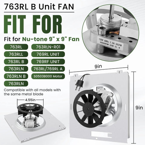 Replacement Bathroom Fan Motor For 9 X 9 In 50 CFM 2.0 Sone Fits Nutone Broan 763RLN B Unit And 769RL Series