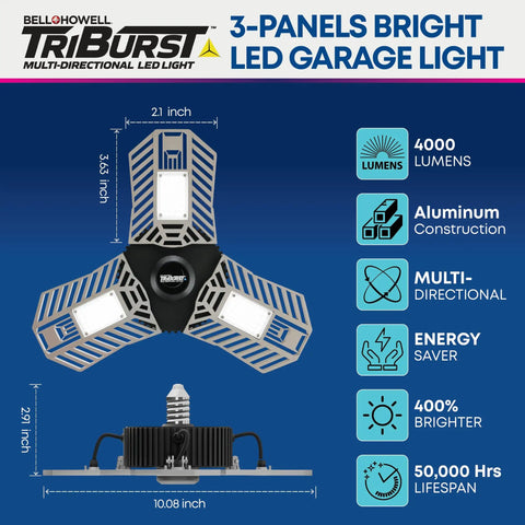 Tri Panel Garage Light Bright 4000 Lumens 6500K Daylight Adjustable Ceiling with aluminum frame and LED panels.