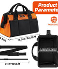 Dimensions and details of Heavy Duty Tool Tote Bag 14 Inch With Thick Outer Pocket Waterproof Organizer, black and orange.
