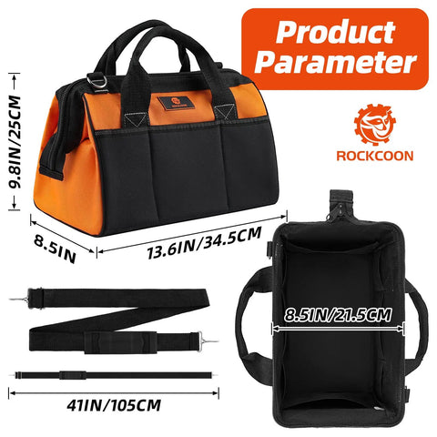 Dimensions and details of Heavy Duty Tool Tote Bag 14 Inch With Thick Outer Pocket Waterproof Organizer, black and orange.