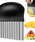 Front view of JAYVAR stainless steel crinkle cutter with black ergonomic handle for potatoes