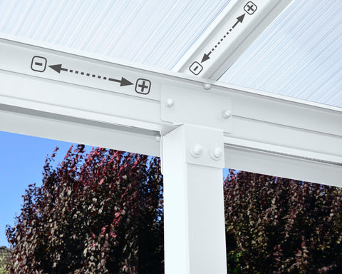 Detail of metal frame and polycarbonate panels of 10x14 Foot Outdoor Patio Cover Canopy With Waterproof Pergola Roof White Frame And Polycarbonate Panels UV Protected Shade Shelter For Backyard And Patio Furniture Durable All Weather Outdoor Cover