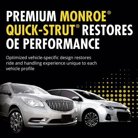 Premium Monroe Quick-Strut restores OE performance text with two parked sedans in the foreground.