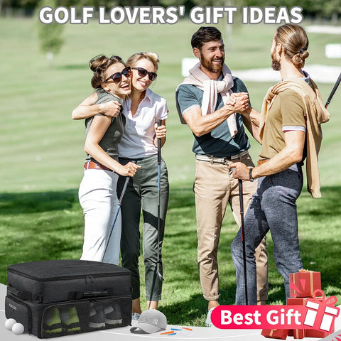 Group of golfers with Ultra Large Golf Trunk Organizer For Cars 2 Layer Water Resistant with Ventilated Shoe Compartment shown