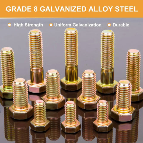Tough As Nails Heavy Duty Assorted Hex Nut And Bolt Kit Packed With 626 Pieces Grade 8.8 High Tensile Steel Yellow Zinc Plated bolts arranged.