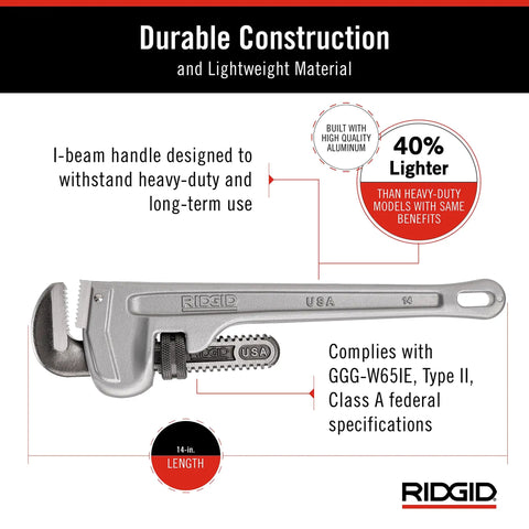 14 Inch Aluminum Straight Pipe Wrench For 2 Inch Pipe Capacity With Quick Ratcheting Action and Alloy Jaws, Made in USA.
