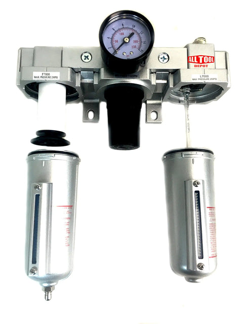Front view of Heavy Duty Three Quarter Inch FRL Air Control Unit With Manual Drain, showing filters and pressure gauge.