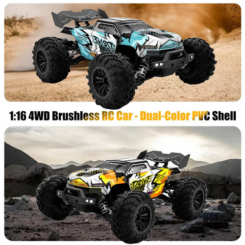 1:16 Scale Brushless RC Car With 50 Plus MPH Speed All Terrain Off Road Monster Truck For Adults And Teens 14 Plus 2.4GHz Control Dual LiPo Batteries Ready To Run Hobby Grade Remote Control Vehicle in desert and rocky terrain