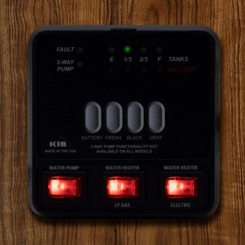 RV Tank Monitor Panel M23 Replacement For Fresh Water Gray And Black Tanks Panel Only 12V System Battery Voltage Readout mounted on wood wall