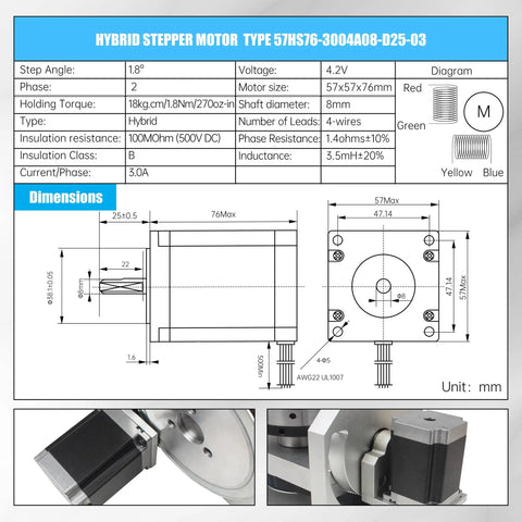 Hybrid stepper motor type 57HS76-300A408-D25-03, dimensions 57x57x76mm, suitable for precise CNC applications.