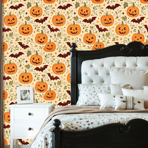 Halloween Botanical Peel And Stick Wallpaper Self Adhesive Removable Wall Decor Large Roll Easy Peasy Diy Room Glow Up With Dope Seasonal Vibes Covers 14 Square Feet, featuring orange pumpkins and bats in a cozy bedroom.
