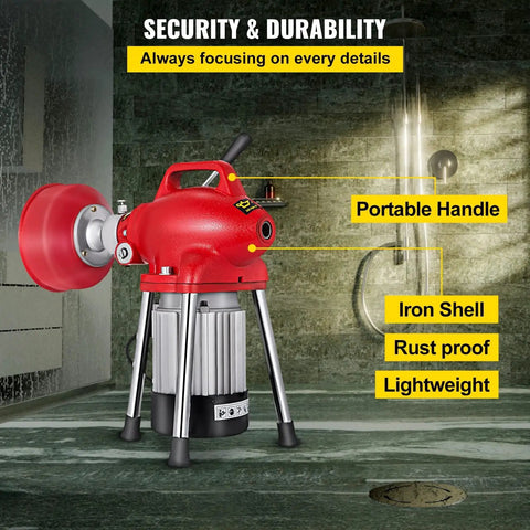 Automatic Power Drain Snake And Heavy Duty Pipe Dredge Machine With Rust Resistant Manganese Steel Coil, portable handle, iron shell, lightweight.