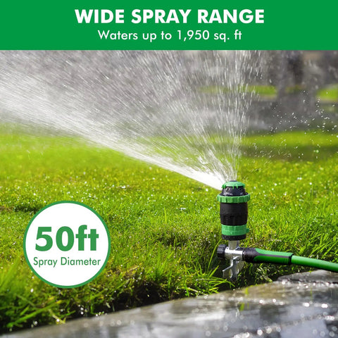 Two Pack Gear Drive Sprinklers With Metal Spike Base watering lawn, 50ft spray diameter, showing wide range coverage