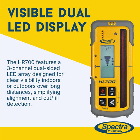 HL700 Digital Readout Receiver for Surveying and Layout, Built Tough For The Job, Huge Five Inch Reception Height, Front And Rear LCD Displays, Waterproof And Weatherproof, Precise Elevation Readout Within Two Inches, Rugged Design For Basic And Advanced on yellow background