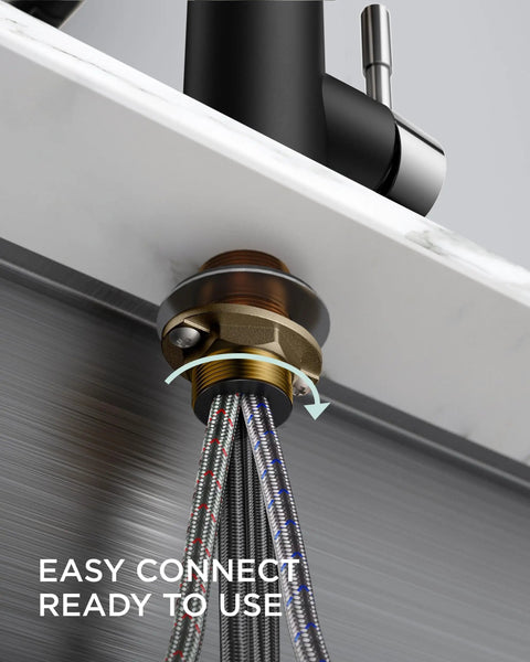 Installation view of Pull Down Sprayer Kitchen Faucet, Stainless Steel, Commercial Grade, Classic Spring Design, Black Chrome Finish.