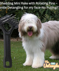 Undercoat Dematting Mini Rake For Doggos And Kitties With V Shape Head And Double Row Stainless Steel Rotating Teeth next to furry dog