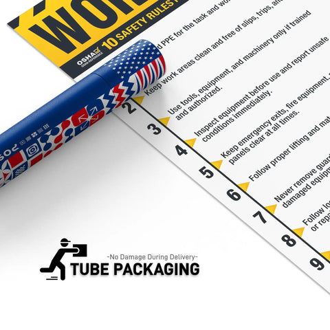 Workplace Safety Poster With 10 No Nonsense Rules Chart For Hazard Awareness, shown with protective tube packaging