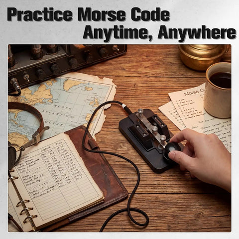 Kickstart Your Amateur Radio Journey With This Sweet Portable Morse Code Trainer Key Featuring Buzzer And Voice Prompts To Make Learning CW A Blast For Beginners Who Want To Master Manual Tapping Like Real Pro Radio Operator Today. portable Morse code trainer key on desk with hand using paddle