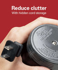 Fresh Grind Electric Coffee Grinder plug with hidden cord storage feature, showing a close-up of the base, black design.