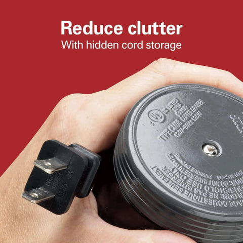 Fresh Grind Electric Coffee Grinder plug with hidden cord storage feature, showing a close-up of the base, black design.