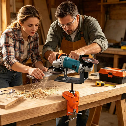Adjustable Angle Grinder Holder with a Savage Grip Vise Base for Crushing Grinding Jobs and Polishing Tasks Featuring 360 Degree Swivel Action and Benchtop Mount for Serious Hands Free Power Tool Work in use with wood shavings.