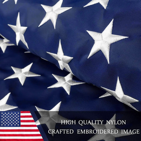 Close-up of embroidered stars on American Flag 3x5ft Heavy Duty Outdoor Nylon Flag With Embroidered Stars And Brass Grommets Double Stitched