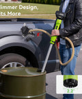 Person using Cordless Stick Transfer Pump For Water And Diesel, 720 GPH Fast Drain, 60 Minute Runtime, No Fuss 16 Ft Lift Head.