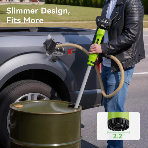Person using Cordless Stick Transfer Pump For Water And Diesel, 720 GPH Fast Drain, 60 Minute Runtime, No Fuss 16 Ft Lift Head.