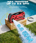 Kickass Cordless Water Transfer Pump 9.6GPM Self Priming Battery Powered Pond Pump for draining water into garden from a wooden crate.