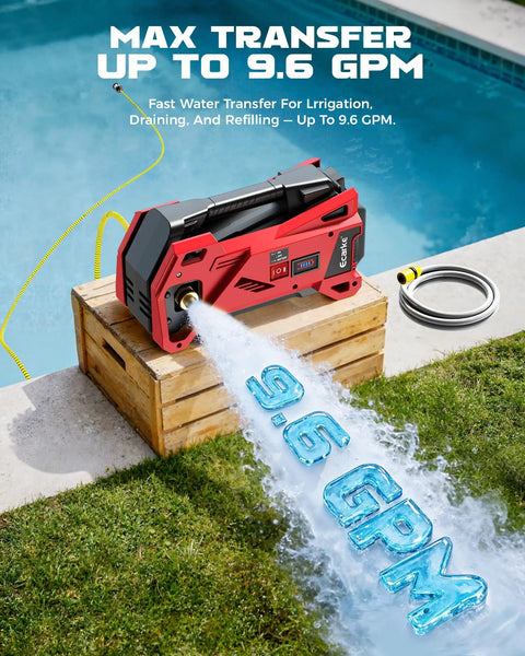 Kickass Cordless Water Transfer Pump 9.6GPM Self Priming Battery Powered Pond Pump for draining water into garden from a wooden crate.