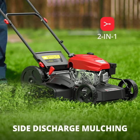 Gas Powered 21 Inch Push Lawn Mower With 144cc OHV Engine 2-In-1 Mulching And Side Discharge in action on grass