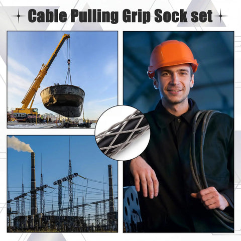 Heavy Duty 1 Ton Cable Puller Swivel Tool With 3 Mesh Grip Socks for wire tugging up to 12 mm, displayed in operational settings.