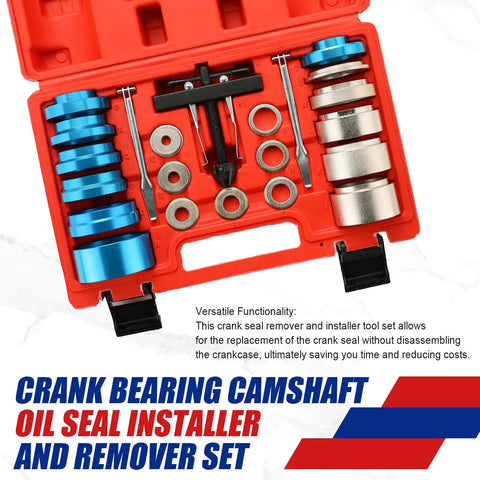 Crankshaft And Cam Seal Installer And Removal Tool Kit, 21-Piece Aluminum Seal Puller Set, shown in open red case.