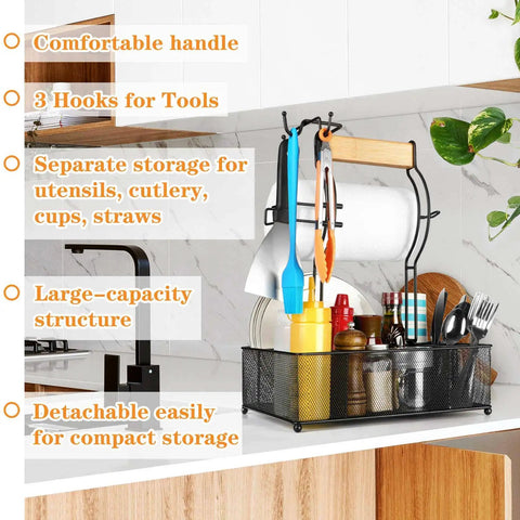 Grill Caddy With Paper Towel Holder And Seven Compartment Organizer, showing compartments and hooks for outdoor BBQs and picnics
