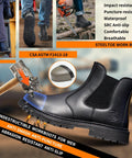 Slip On Steel Toe Go To Work Boots For Men Waterproof Non Slip Lightweight All Day Comfort Built For Tough Industrial And Construction Jobs With Impact And Puncture Protection And CSA ASTM Safety Approved, black boots with reinforced toe and sole.