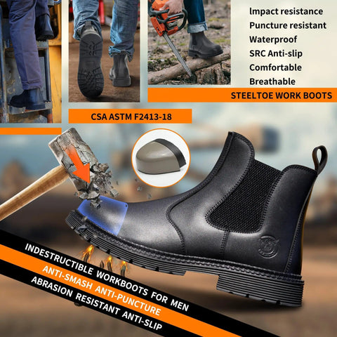 Slip On Steel Toe Go To Work Boots For Men Waterproof Non Slip Lightweight All Day Comfort Built For Tough Industrial And Construction Jobs With Impact And Puncture Protection And CSA ASTM Safety Approved, black boots with reinforced toe and sole.