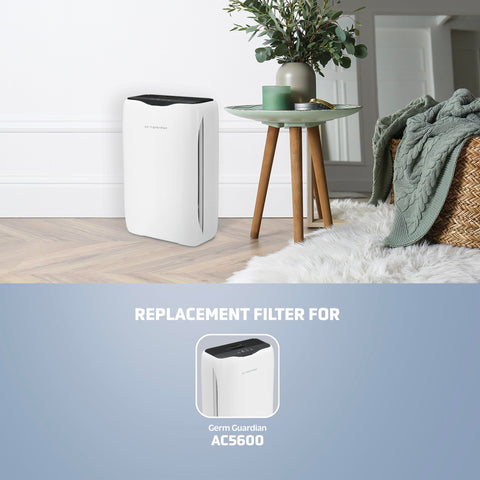 Genuine HEPA Pure Air Filter Replacement For Air Purifier AC5600 shown with purifier and living room setting
