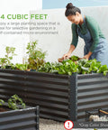 Woman tending plants in outdoor metal raised garden bed 8 by 4 by 2 ft deep root planter for vegetables herbs and flowers