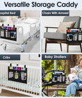 Bedside Caddy Organizer with Four Pockets Hanging Nightstand Storage on hospital bed, chair, crib, and stroller.