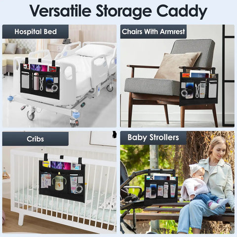 Bedside Caddy Organizer with Four Pockets Hanging Nightstand Storage on hospital bed, chair, crib, and stroller.