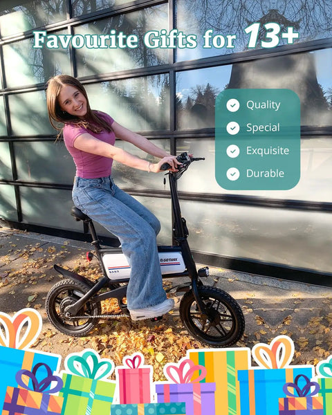 Teen riding Nano 14-Inch Folding Electric Bike With 350W Motor 15.5 Mph Top Speed 25 Mile Pedal Assist Range Lightweight E-Bike