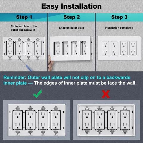 Installation guide for Screwless 4 Gang Wall Plate White Decor Outlet Cover For Standard Size 4.68 By 8.34 Inches.