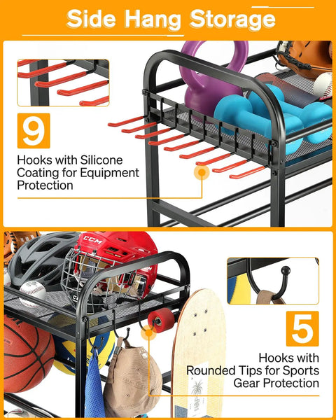 All-In-One Garage Sports Organizer With Rolling Wheels, Built Tough 4 Tier Gear Rack with silicone-coated hooks and gear